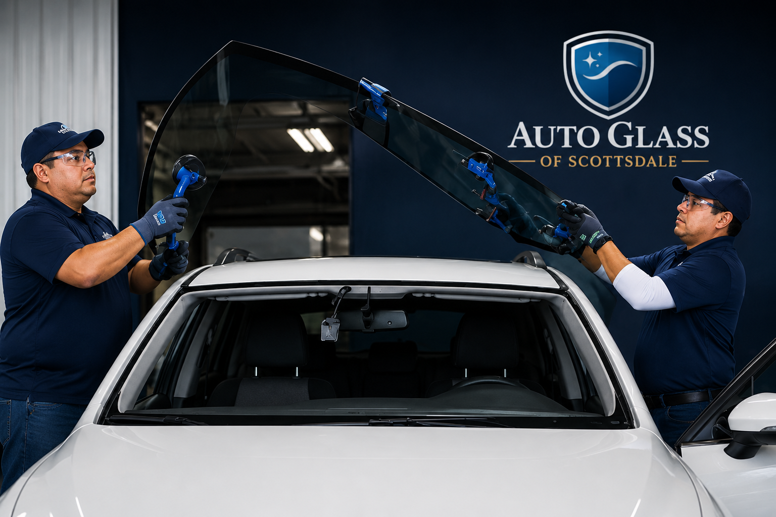 Two Auto Glass of Scottsdale technicians replacing a commercial truck windshield